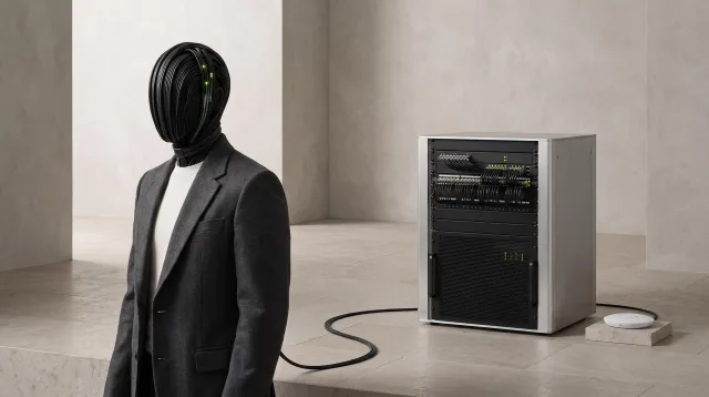 PRCONNECT cable-head mascot beside a server rack and wireless access point, in a conceptual illustration for KATANA.